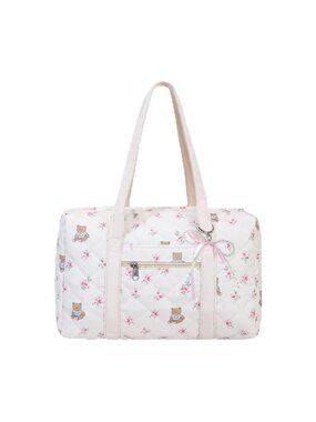 Quilted Tote Bag with Bow Charm Nylon Travel Duffel Bunny Floral